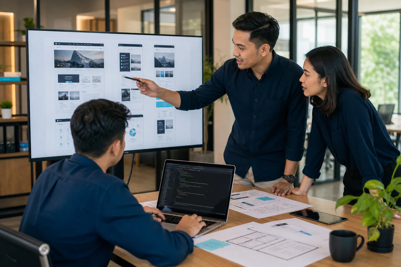 Tim mendiskusikan desain dan pengembangan website